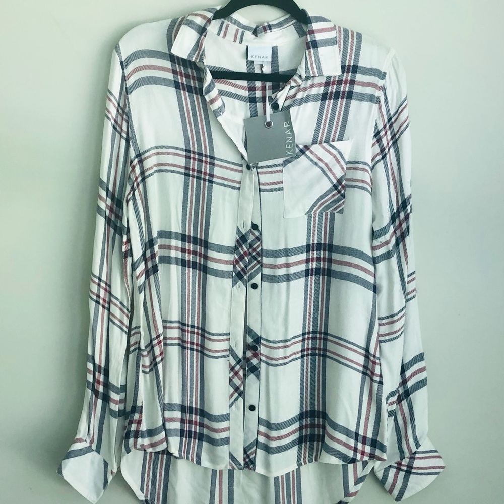 Kenar white, blue and red plaid button down shirt.
